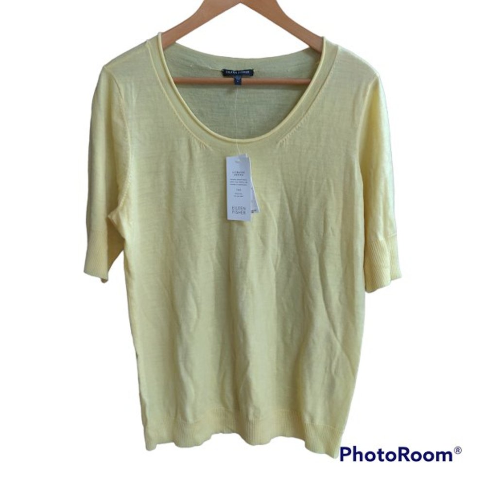 NWT Eileen Fisher Ultrafine Merino Yellow Short Sleeved Sweater Top L Large $168